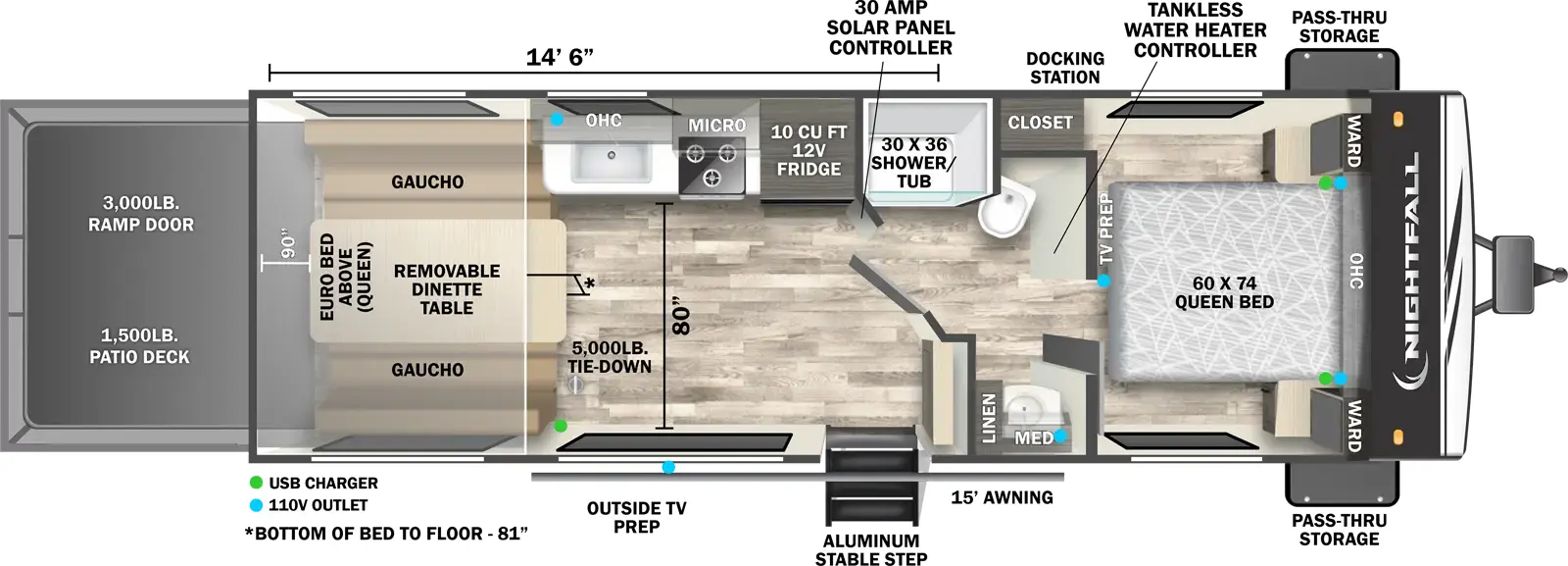 The Nightfall 25N floorplan is a toy hauler that has one entry and zero slide outs. Exterior features include: metal exterior, 15' awning and  outside entertainment. Interiors features include: front bedroom and pass through bathroom.